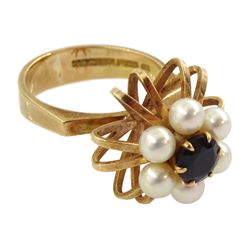 Finnish 14ct gold sapphire and pearl ring by Kupittaan Kulta, stamped