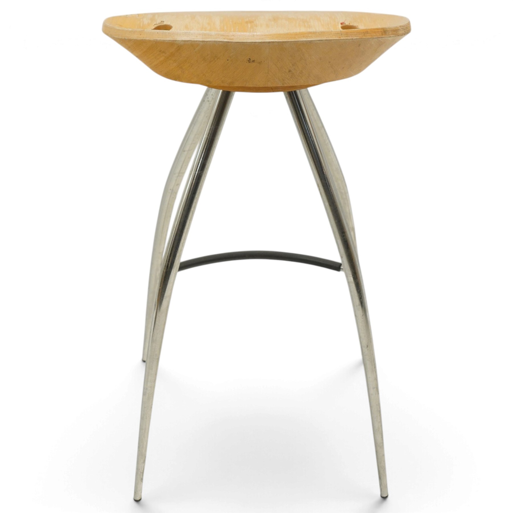 Lyra - set of three bar stools, dished plywood seats with wraparound low backs and crescent apertures, on outward swept chrome supports with contrasting black footrests