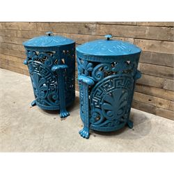 Pair of blue painted cast iron garden bins