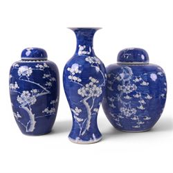 Pair Prunus pattern ginger jars, together with another similar, vases and jardiniere, vases H31cm 