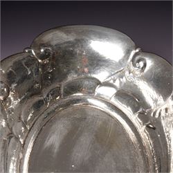 Norwegian 830 standard hammered silver oval fruit bowl with a raised border design W32 cm Maker Thune & Co