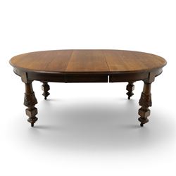 Late 19th century French oak extending dining table, oval top with moulded edge and plain ...