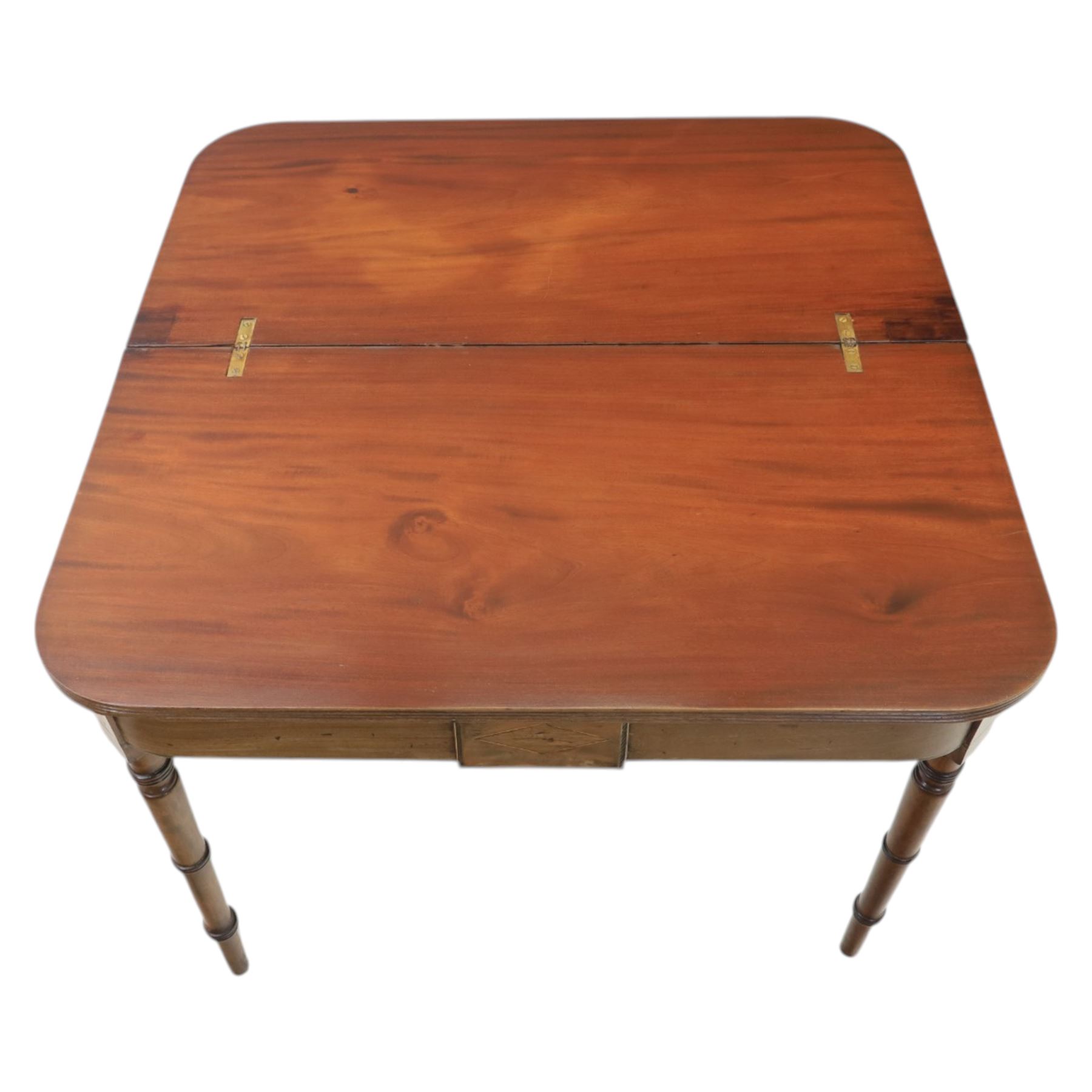 Mid-19th century mahogany console table, featuring extending fold-over top with double rear gate-leg action, raised on turned legs