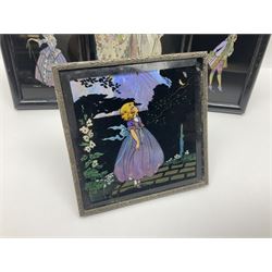 Seven 1930's butterfly wing pictures, mainly of ladies in period dress, one signed Dorothy Buckley, largest H18cm