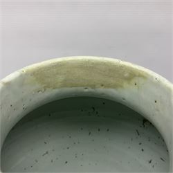 19th century Chinese Wucai vase and cover, decorated  with peacock on blue rockwork and other birds flying amongst tree peonies, H43cm