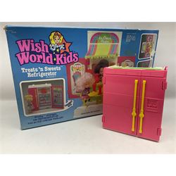 Wish World Kids - Eleven play sets comprising Treats ‘n Sweets Refrigerator, Grin ‘n Win TV, Sponge ‘n Plunge Bathtub, Socks ‘n Locks Dresser, Spice ‘n Slice Stove, Sleep ‘n Leap Bed, File ‘n Smile Desk, Blaze ‘n Braise Fireplace, Hear ‘n Cheer playset in Sponge ‘n Plunge box, two Read ‘n Speed Chair playsets in one box