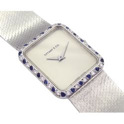 Tiffany & Co ladies 18ct white gold manual wind wristwatch, movement by Chopard, diamond and sapphire bezel, case stamped 18K with Helvetia hallmark, on 18ct white gold integral bracelet, stamped 750