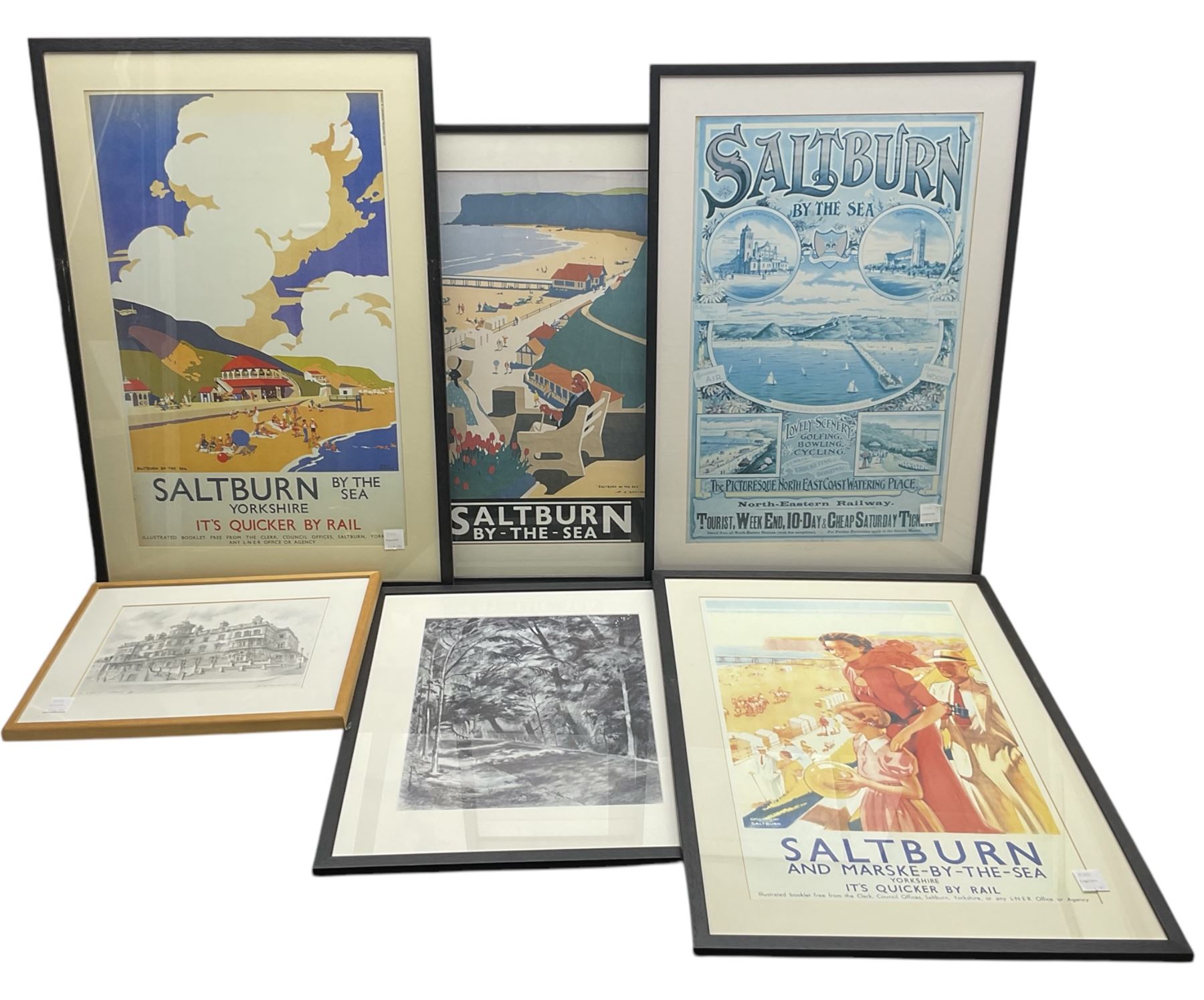 Four reproduction Salburn by Rail posters, largest 59.5cm x 38cm, and two Andy Hawkins prints (6)