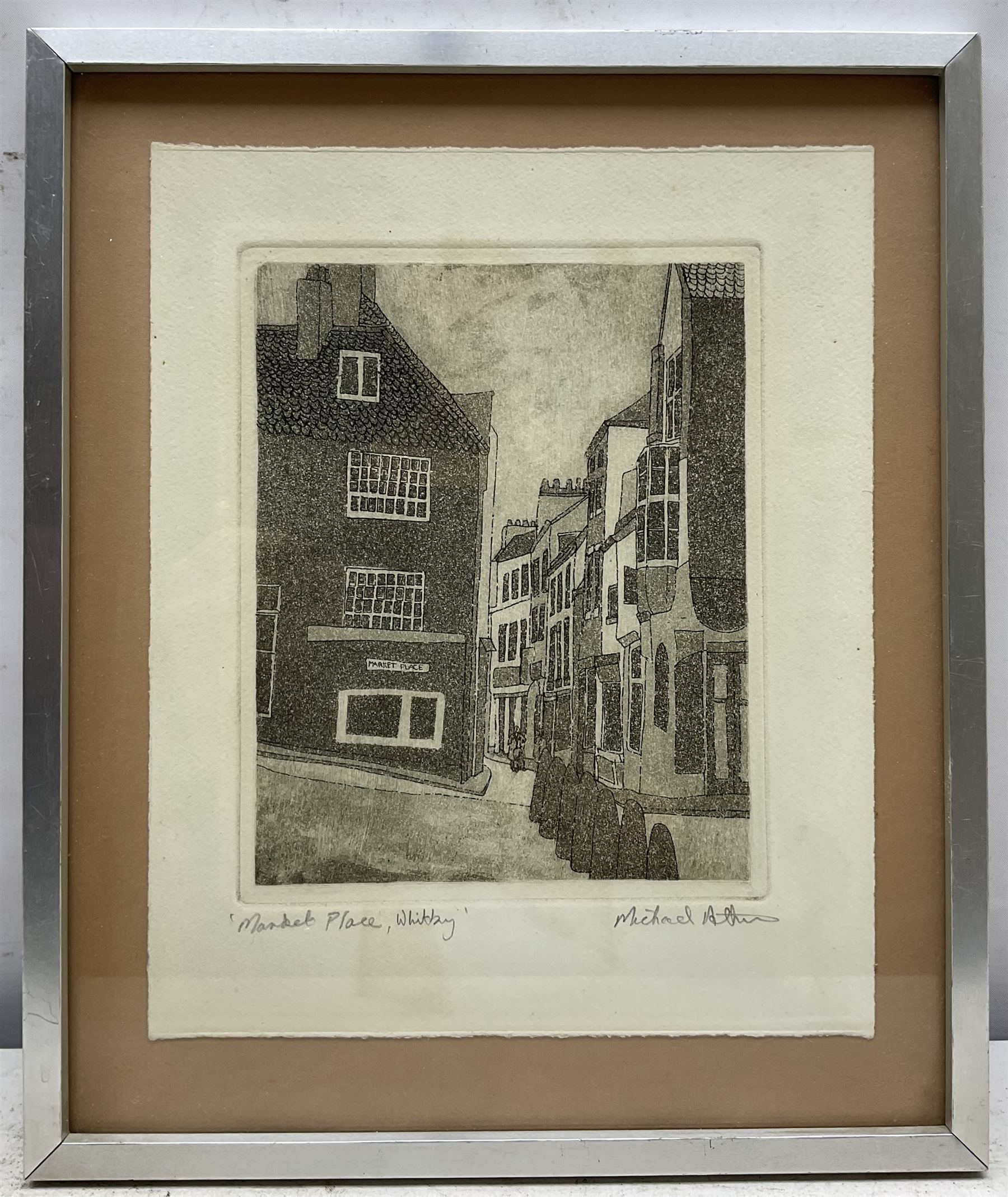 Michael Atkin (Scarborough 1952-): 'Castle by the Sea', 'Scarborough', 'Grand Hotel', and 'Market Place - Whitby', set four etchings with aquatint signed and titled in pencil 18cm x 14cm (4)