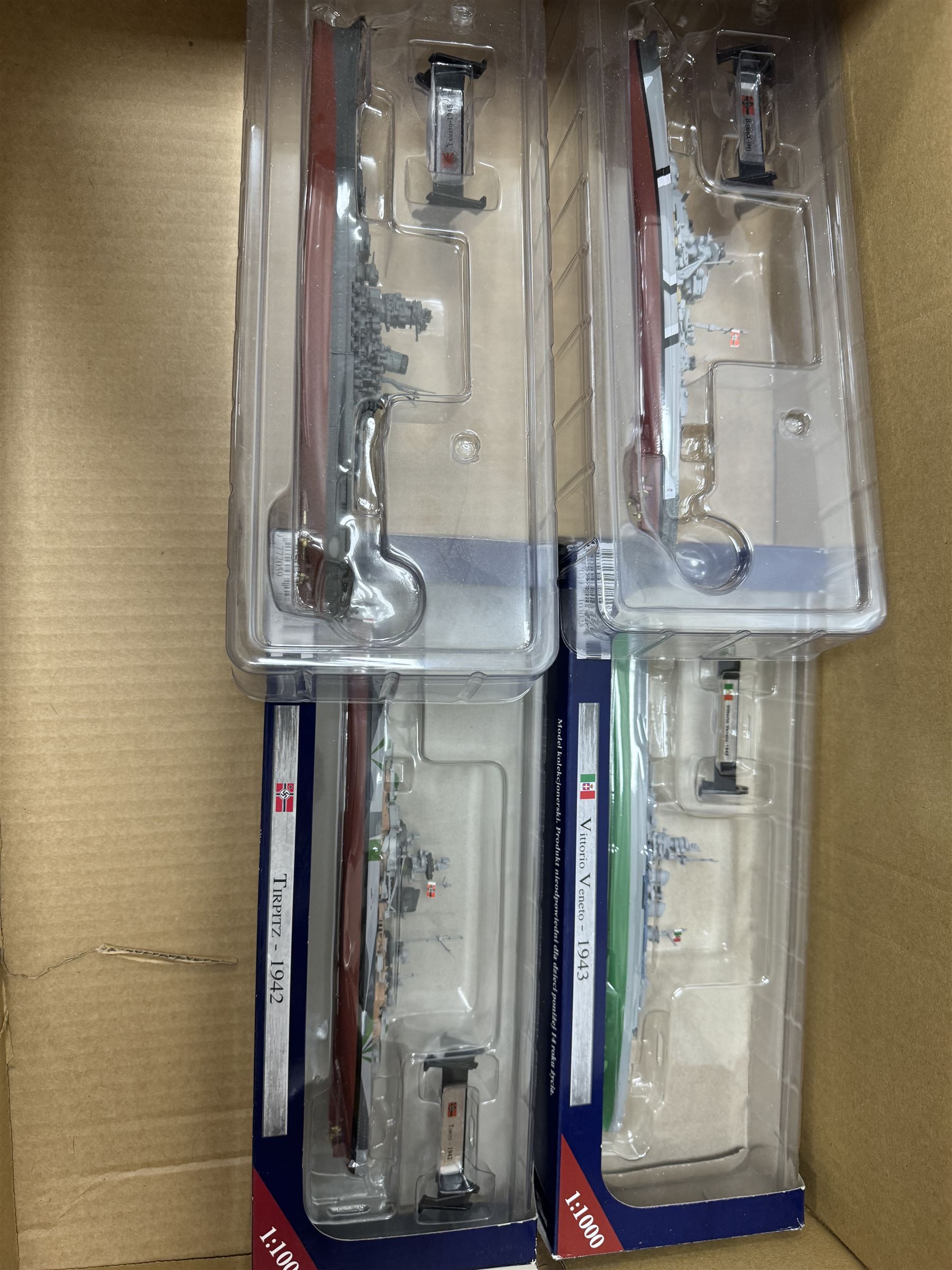 Ten Warships of WWII 1:1000 scale models with ten corresponding issues of Ships of War magazines, comprising Issue 1 Yamato, Issue 3 Bismarck, Issue 4 HMS Prince of Wales, Issue 5 USS Massachusetts, Issue 6 Tirpitz, Issue 7 HMS King George V, Issue 8 Musashi, Issue 9 USS South Dakota, Issue 10 Richelieu and Issue 11 Vittorio Veneto, models in boxes/packaging