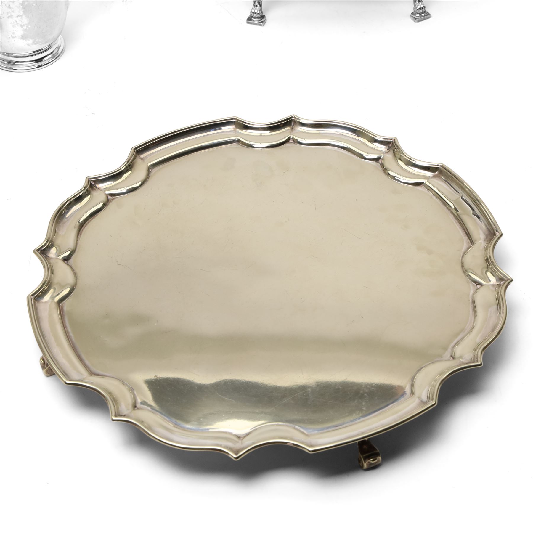 Silver plated items including chafing dish with revolving cover, circular salver, small hip flask, snuffing scissors, milk jug, sugar bowl etc