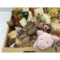 Quantity of teddy bears, predominantly Hermann examples, to include limited edition examples, Little Hilde, Classic Panda Bear, A Handful of Joy, etc, together with Merrythought bear, Martin Germany bears, bear with growler etc in two boxes