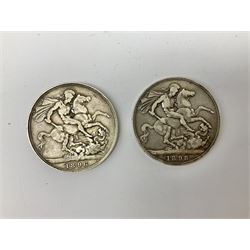 Two Victorian silver Crowns, 1896 and 1898, approximate weight 56 grams
