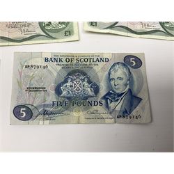 Banknotes including four Bank of England O'Brien one pound notes 'Y52J', 'T44J', 'T92J' and 'S23J', various ten shillings, two Somerset ten pounds 'CU20' and 'AW12', Page one pound notes, Bank of Scotland and other Scottish one pound notes etc