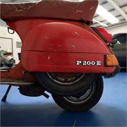 1979 Piaggio Vespa 200 Scooter

• Registration: TVY 25T
• Date of first registration: 1979
• Engine: 197cc petrol
• Odometer reading: 9,960 miles
• Colour: Red
• V5C: Present
• Keys: One

A 1979 Piaggio Vespa 200, registered TVY 25T and finished in red. Powered by a 197cc petrol engine, the scooter displays 9,960 miles on its Veglia Borletti odometer, although this mileage has not been independently verified.

The Vespa 200 is one of the larger-capacity models in the classic Vespa range, combining the marque’s distinctive pressed-steel construction with a practical 197cc engine and traditional handlebar gear change.

This example is presented in largely original and unrestored condition, retaining its period bodywork, Piaggio and Vespa badging, original-style controls and Yankee-branded dual seat.

The scooter shows extensive age-related wear throughout, including paint loss, scratches, surface corrosion and deterioration to the bodywork, including a perforation to the inner legshield.

This vehicle forms part of the Estate of the Late John Sills and is offered for sale by the Executors, confirming a genuine reason for sale.