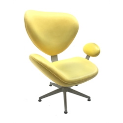  Scandinavian shaped chair, upholstered in a yellow vinyl, metal frame, five spoke supports, W98cm  