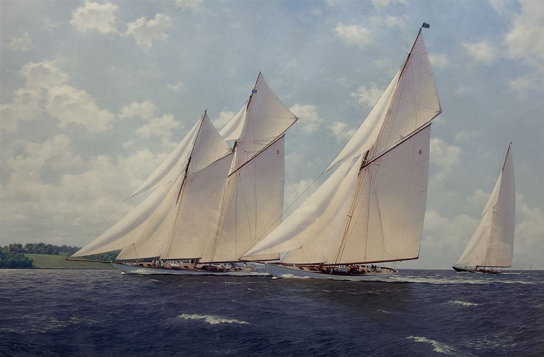 Roger Davies (British 1945-): Racing Yachts - 'Lulworth Westward and Shamrock V', limited edition print signed and numbered 17/850 in pencil 50cm x 75cm