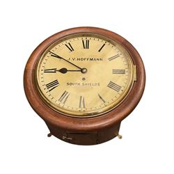 Jens Von Hoffmann of South Shields - Late 19th century 8-day fusee wall clock with a mahogany dial surround and cast brass bezel,  12” painted dial, with Roman numerals, minute track and spade hands,  with a four pillar timepiece chain driven fusee movement. With pendulum and key.
Case with later additions.