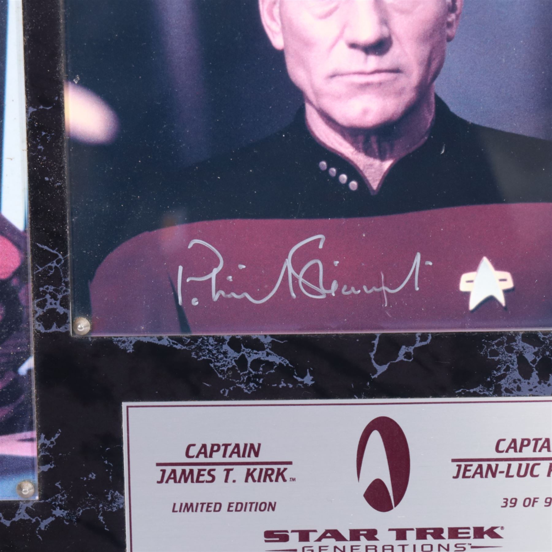 Star Trek Generations 'Two Captains, One Destiny' William Shatner (Captain James T Kirk) and Patrick Stewart (Captain Jean Luc Pickard) limited edition signed photographs, on wooden display board with plaque, limited edition no. 39/995, together with a framed Kate Mulgrew (Captain Janeway) signed photograph, tallest frame H42cm