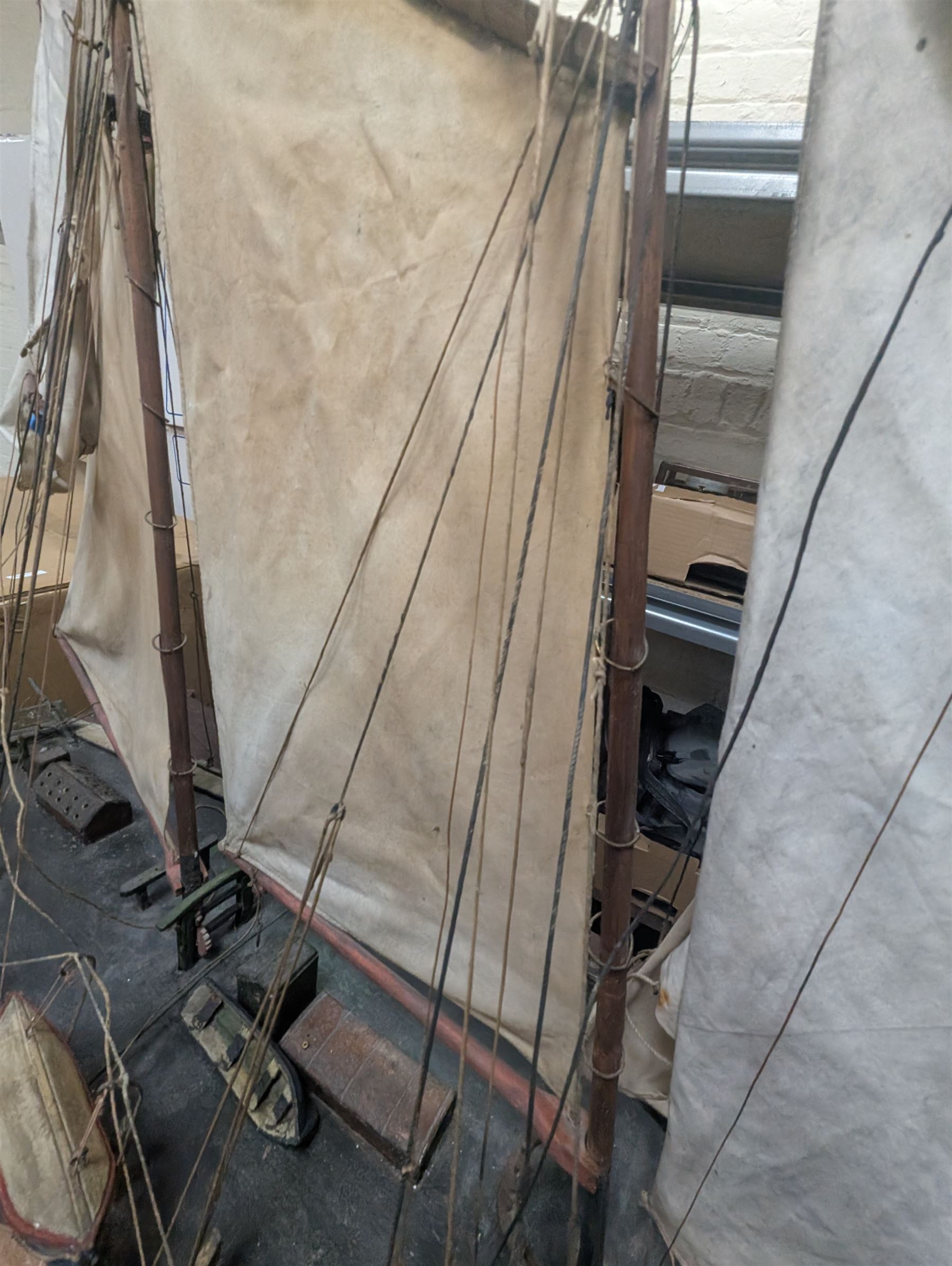 Late Victorian scratch built model of 18th century ship in full sail with the name Ann & Mary painted to the hull, upon a wooden stand, H128cm