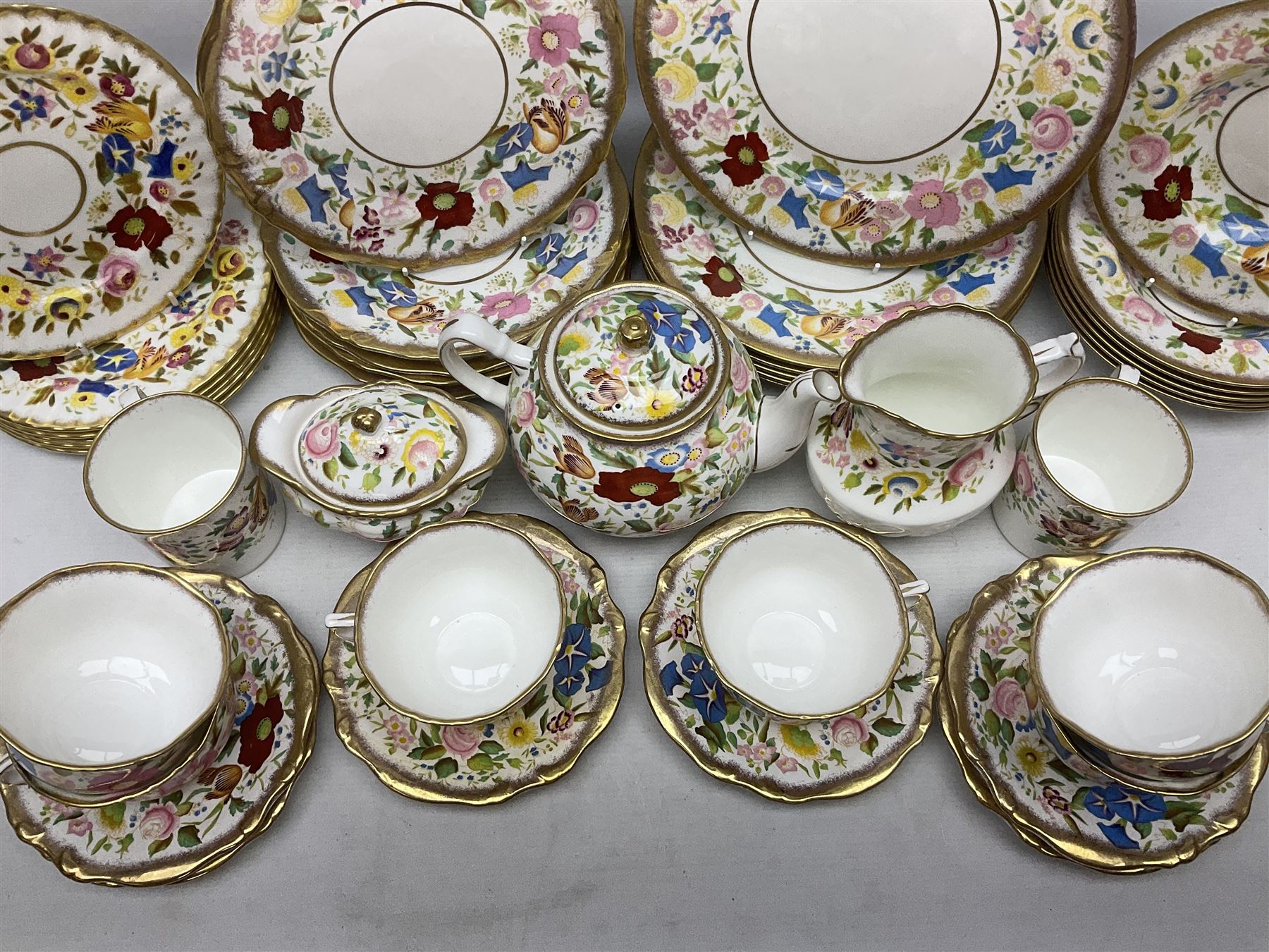 Hammersley Queen Anne pattern, part tea and dinnerwares, to include six dinner plates, five side plates, six soup bowls, teapot, covered sucrier, six teacups and saucers, etc together with six matched dessert plates (40)
