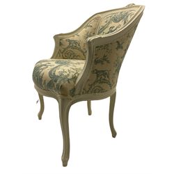 French style cream painted armchair, floral carved cresting rail and moulded frame, upholstered in patterned fabric, cabriole supports