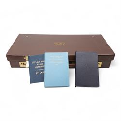 Masonic leather regalia case for De Lacy 4643 Lodge, containing a Masonic apron, By-Laws and Constitutions, gloves and cufflinks etc, with the original Toye, Kenning & Spencer Ltd box, together with three silver cycling medallions, brooch and silver plated cigarette case engraved with a map of India