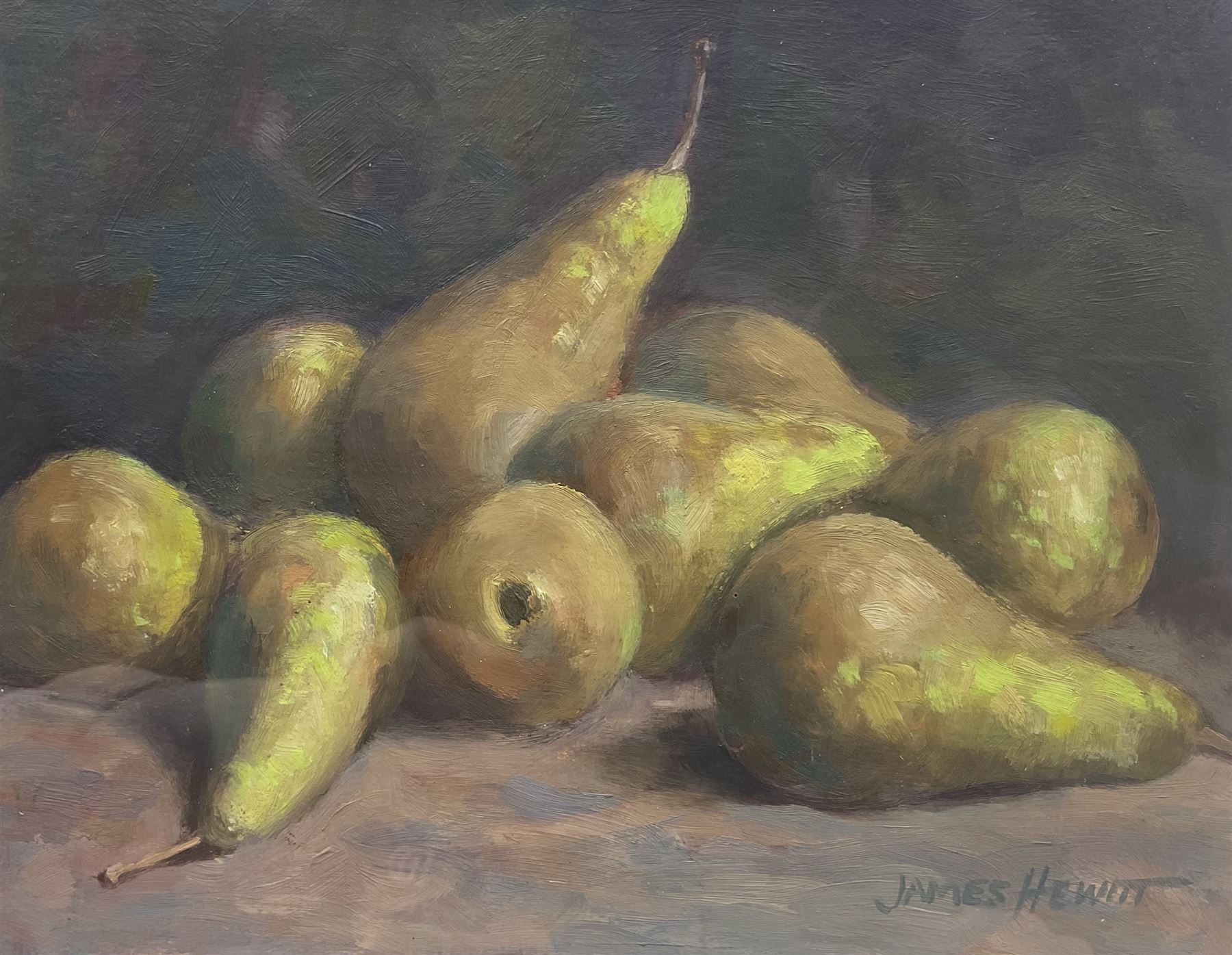 James Hewitt (British 1934-): Still Life of Pears, oil on board signed 19cm x 24cm 