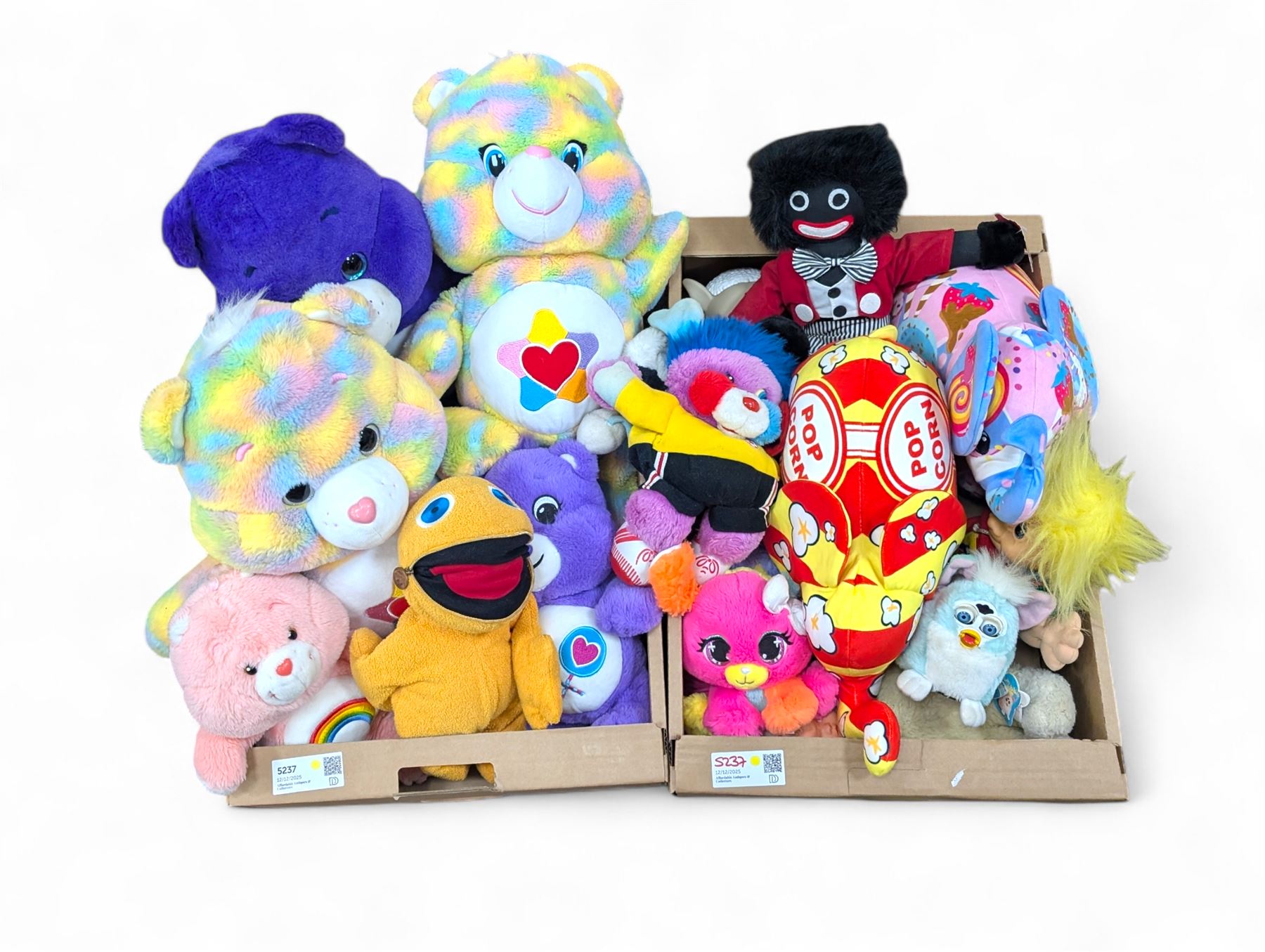 Vintage toys, including Russ Troll Doll and Furby, together with a collection of Care Bears, two Pop Art elephants and similar soft toys