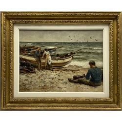 Robert Jobling (Staithes Group 1841-1923): Fishermen with their Boats at Staithes, oil on board signed 25cm x 33cm