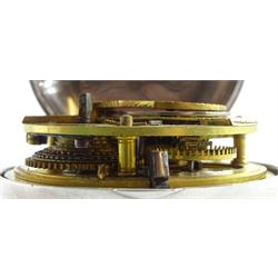 19th century silver pair cased verge fusee pocket watch by John Roberts, London, No. 9388, round pillars, pierced and engraved balance cock decorated with a mask, silver champleve dial depicting a nude female standing on a bridge amongst the stars, wandering hour dial with Arabic five minute markers and single hand, bull's eye glass, case by George Richards London 1832