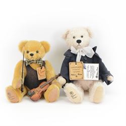 Two Robin Rive limited edition teddy bears, comprising 'Wordsworth', an ivory mohair bear with waistcoat and jacket limited edition no. 31/50 and 'Yehudi' , a yellow bear with violin limited edition no. 54/700, Wordsworth H33cm