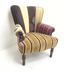Victorian style fan back armchair, upholstered in various fabric panels, turned supports, W70cm