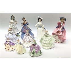 A group of figures, comprising four Royal Worcester examples, The Milkmaid, Lady Emma, Lady Cicely, Lady Hannah, three Royal Doulton examples, Top o' the Hill HN1849, Margaret HN2397, Fair Lady HN3216, two Coalport examples Fairest Flowers Heather, and Pansy, and a Wedgwood figure commissioned by Spink, The Imperial Banquet. 