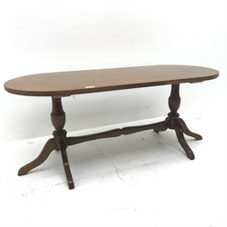 Regency style mahogany coffee table, two turned supports joined by single stretcher on shaped feet, W114cm, H47cm, D50cm