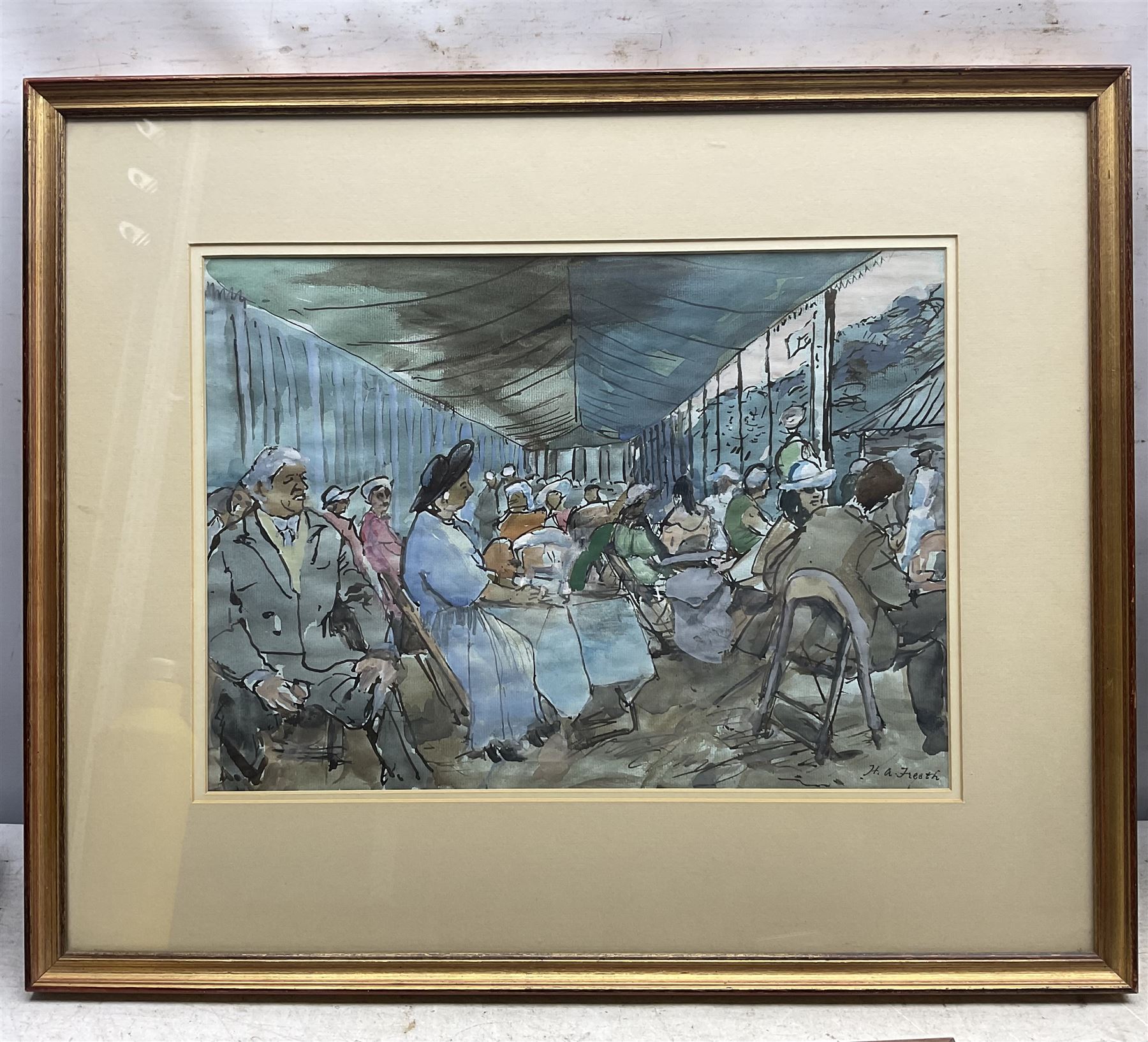 Hubert Andrew Freeth RA (British 1912-1986): 'Refreshment Tents - Henley Regatta' and Two Workers Asleep, two ink and watercolours signed, one titled on John Lindsey Fine Art label verso, exhib. 1982, max 30cm x 41cm (2)