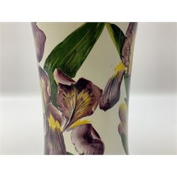 Wemyss vase of flared cylindrical form decorated with purple irises and green lined boarder, with printed and impressed mark beneath 