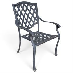 Grey-painted cast metal garden dining suite, comprising circular latticework table on splayed supports (W152cm H72cm), and six matching open armchairs with lattice backs and seats (W61cm H93cm)
