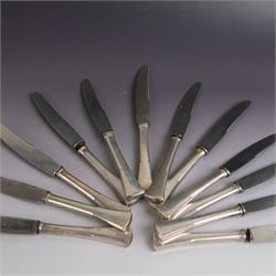 1920s canteen of Czechoslovakian 800 standard silver cutlery for twelve place settings, comprising table forks, silver handled table knives, table spoons, dessert forks, silver handled dessert knives, teaspoons, coffee spoons, cake slice, bread fork, sifting spoon and serving spoon, all stamped with Diana/Greyhound marks with no. 3 to side for 800 standard and with maker's mark TL