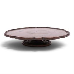 19th century oak scalloped tray, on lazy susan revolving on an circular base, D56cm
