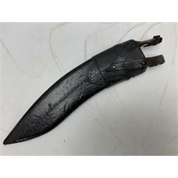 WW2 Gurkha Kukri knife with 34cm curving steel blade and horn handle; in leather covered scabbard with dual belt loops and two horn handled skinning knives L47cm overall; and collection of fourteen military and other folding and pocket knives including WW2 British Army clasp jacknife, J.H. Thompson C.C.1286 army knife dated 1954, Brookes & Crookes multiblade pocket knife etc (15)