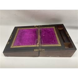 Victorian glass rolling pin, black basalt teapot, mother of pearl box with foliate engraving and sliding lid, and a wooden writing slope, with purple velvet interior, writing slope H14cm