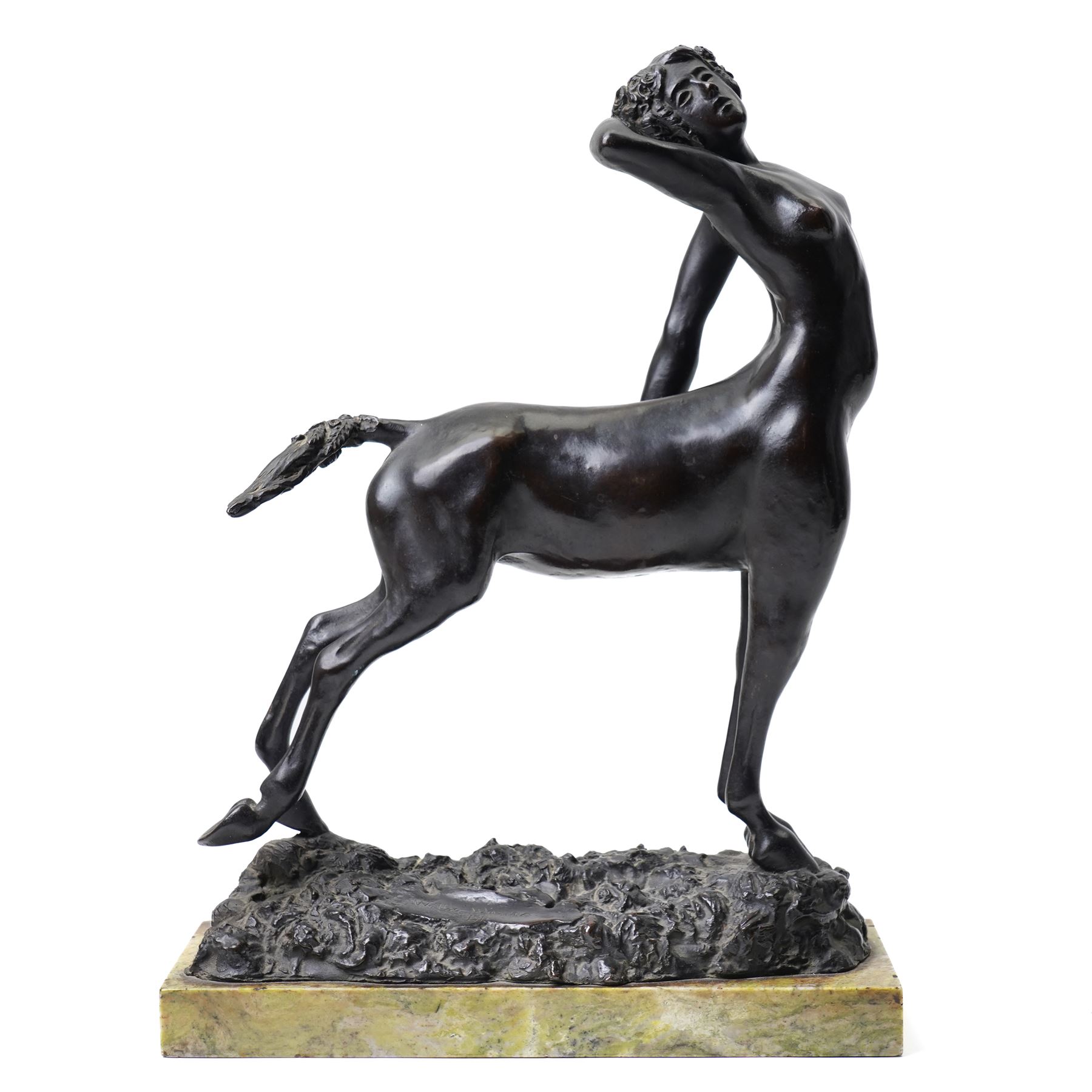 Walter Winans (St Petersburg 1852-1920): The Centauress, bronze model signed and dated 1915 to the naturalistic base, on a rectangular marble plinth, L30.5cm, H42cm

Notes: A finely modelled bronze depicting a rare female centaur, combining classical mythological subject matter with the fluid naturalism characteristic of Winans’ mature work.