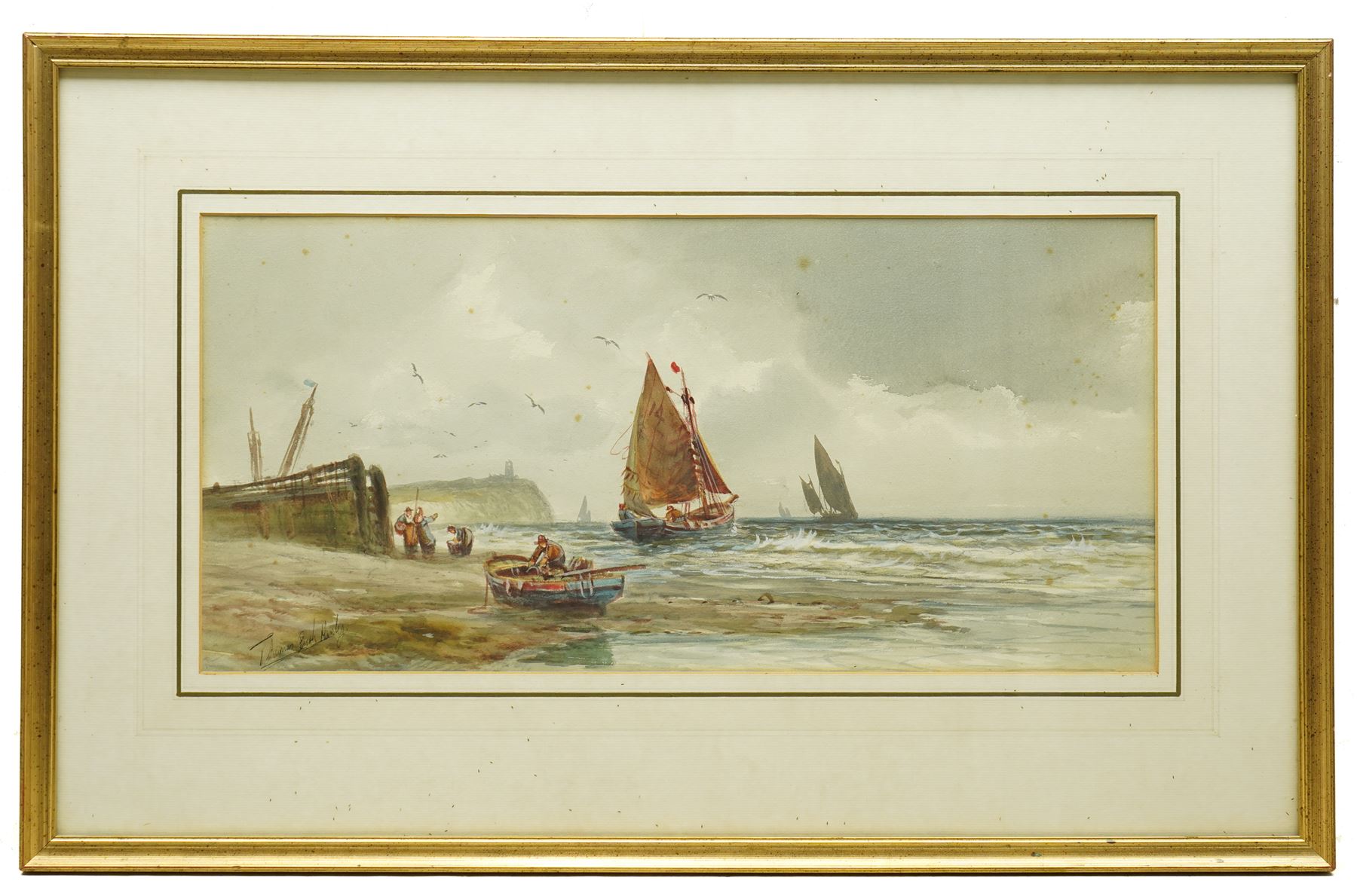 After Thomas Bush Hardy (British 1842-1897): Fisherman off the Whitby Coast, watercolour bearing signature 23cm x 49cm