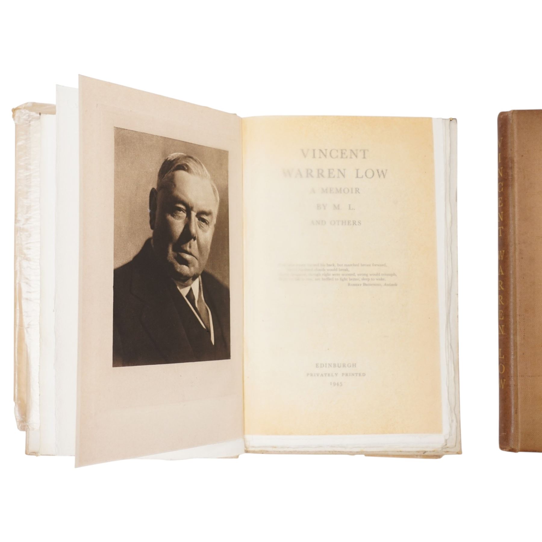 M. L. and others - Pair of 1945 privately printed memoirs of surgeon Vincent Warren Low, both with family inscriptions (widow/author Mabel Low and son Oliver) and including original handwritten letters