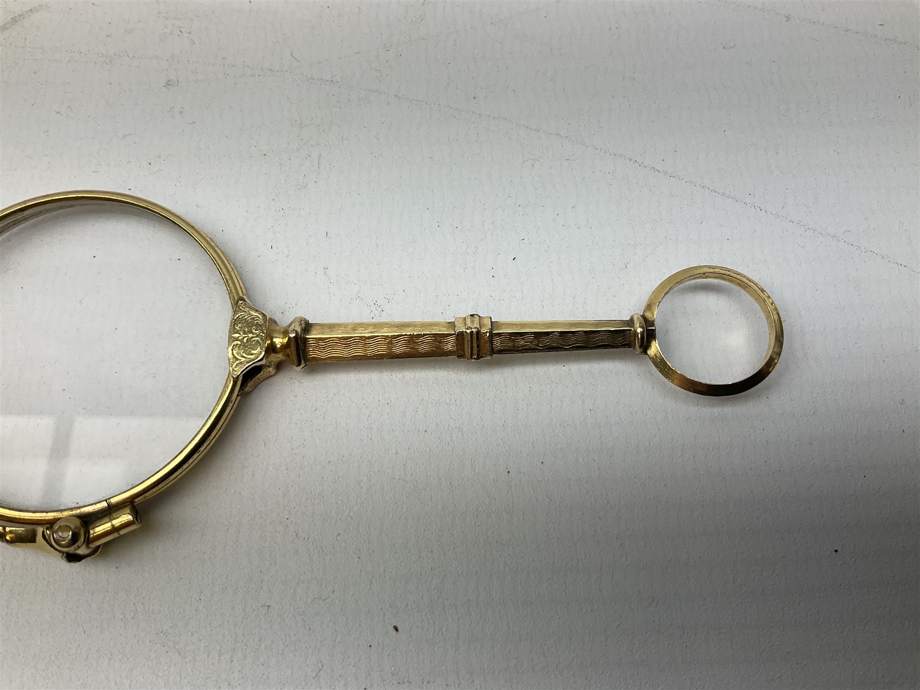 Victorian gold plated lorgnette glasses, 11cm and further set of six gold plated teaspoons stamped Sweden