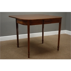  Early 19th century mahogany card table, fold over top with oval and segmented inlay, double action gateleg base, square tapering supports with spade feet, W92cm, H74cm, D46cm  