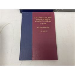 Six medal collectors reference books including Douglas-Morris Kenneth: Naval Medal 1857-1880. 1994 in slip-case; Casualty Roll For The Zulu and Basuto Wars South Africa 1877-79; Abbott P.E.: Recipients of the Distinguished Conduct Medal 1855-1909; Casualty Roll For The Crimea 1854-1855; and two others (6)