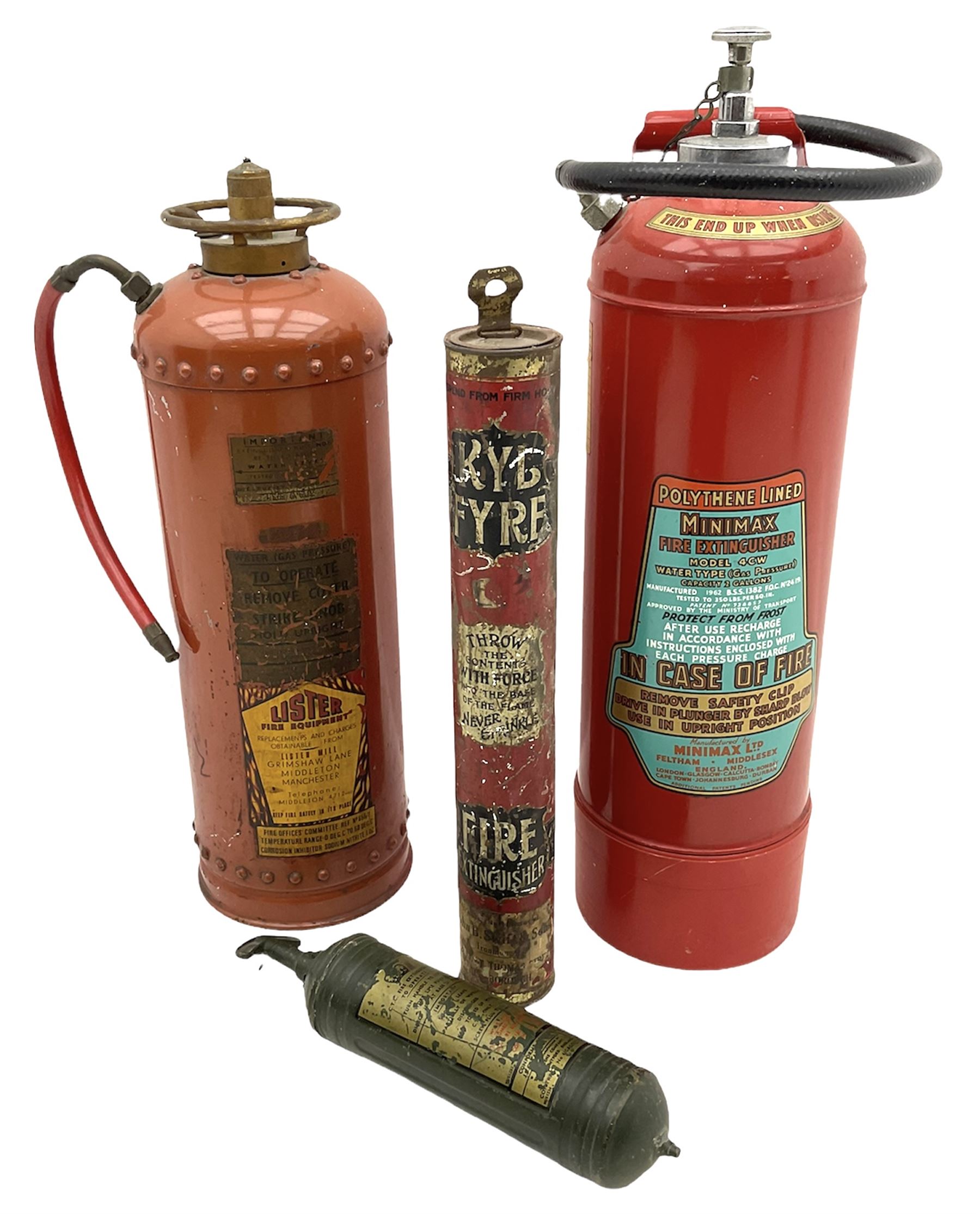 Early 20th century Kyl Fyre dry powder fire extinguisher, together with a Pyrene C.T.C fire extinguisher, and two larger fire extinguishers comprising a 1962 Minimax example and a Lister example, tallest H66cm