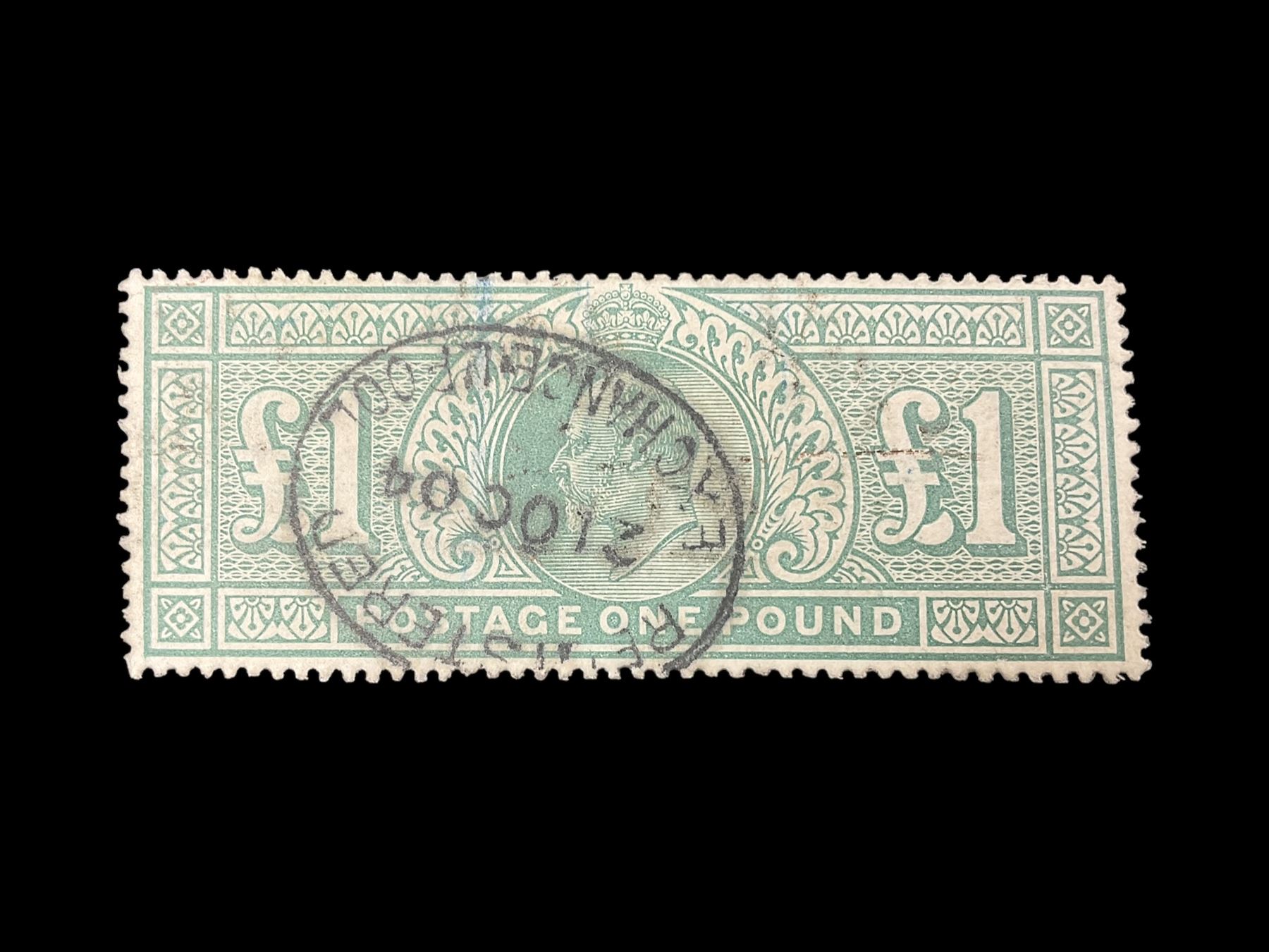 Great Britain King Edward VII one pound green stamp, used, previously mounted